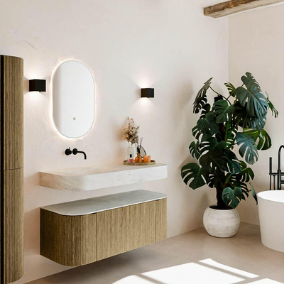 MONDIAZ THOR-DLUX 120cm meuble de salle de bains arrondi gauche + droite couleur Dusk avec 1 tiroir et 2 portes. Vasque suspendue CLOUD Gauche sans trou de robinet couleur Opalo.