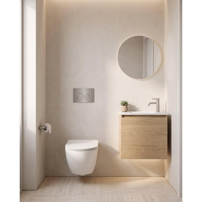 QeramiQ Dely Swirl Compact Toiletset - inbouwreservoir Geberit UP320 - met Burda frame - slim zitting - metalen bedieningsplaat RVS - ronde knoppen - glans wit
