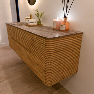 Mondiaz CIRO-DLUX Ensemble de meubles de salle de bains - 160x45x50cm - Plan vasque solid surface Oza - 1 lavabo à gauche - 1 trou de robinet - 4 tiroirs - Chêne