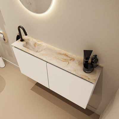 MONDIAZ TURE-DLUX meuble de toilette 100 cm Talc. EDEN lavabo Frappe position gauche. Avec 1 trou de robinet.