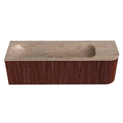 MONDIAZ KURVE-DLUX Meuble de salle de bains 145cm arrondi à droite couleur Ruby avec 1 tiroir et 1 porte. Lavabo BIG LARGE gauche sans trou de robinet Saba.