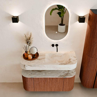 MONDIAZ THOR-DLUX Meuble de salle de bains 110cm arrondi gauche + droite couleur Ruby avec 1 tiroir et 2 portes. Vasque suspendue CLOUD Droite sans trou de robinet couleur Frappe.