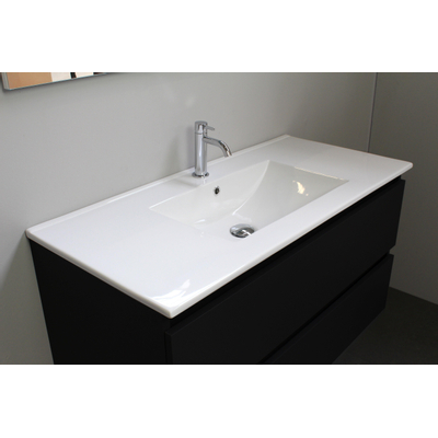 Basic Bella Meuble salle de bains avec lavabo céramique Blanc avec armoire toilette 2 portes gris 100x55x46cm 1 trou de robinet Noir mat