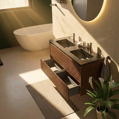 Saniclass Holz Atelier Ensemble de meubles de salle de bains - 120x45x62cm - lavabo Vygo en céramique noir - 2 vasques - 2 trous de robinet - 2 tiroirs - noyer pure mat (bois)