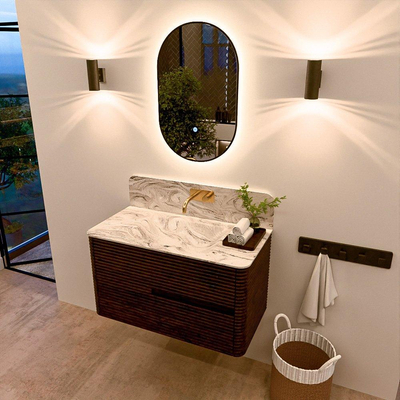 Mondiaz CIRO-DLUX Ensemble de meubles de salle de bains - 90x45x50cm - vasque en solid surface Glace - 1 bassin au milieu - sans trous de robinet - 2 tiroirs - Noyer