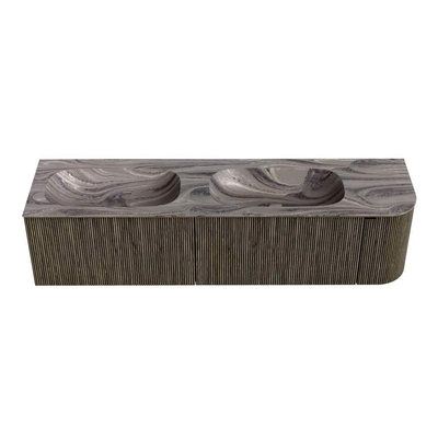 MONDIAZ KURVE-DLUX 175cm meuble de salle de bains arrondi Droite couleur Shadow avec 2 tiroirs et 1 porte. Lavabo STOR SMALL Double / Gauche 2 trous de robinet Sombra.
