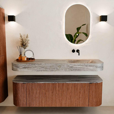 MONDIAZ THOR-DLUX 150cm meuble de salle de bains arrondi gauche + droite couleur Ruby avec 1 tiroir et 2 portes. Vasque suspendue CLOUD droite sans trou de robinet couleur Oza.