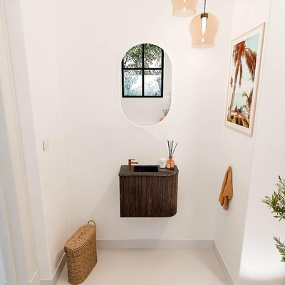Mondiaz JOYA-DLUX 51.6cm toiletmeubel - ronding rechts kleur Walnut - Wastafel FAYE positie Links 1 kraangat kleur Lava.