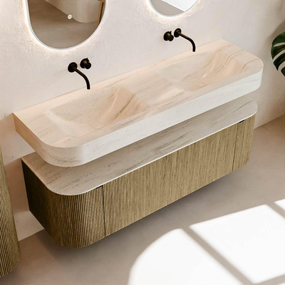 MONDIAZ THOR-DLUX 150cm meuble de salle de bains arrondi gauche + droite couleur Dusk avec 1 tiroir et 2 portes. Vasque suspendue CLOUD Double sans trou de robinet couleur Meli.