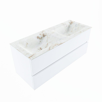 Mondiaz VICA-DLUX Ensemble de meuble de salle de bain - 120cm - meuble sous-vasque talc - 2 tiroirs - lavabo encastré cloud double - 2 trous de robinet - version haute de 60cm - frape