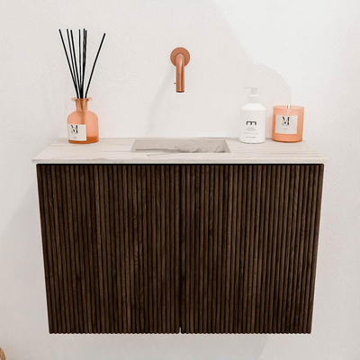 Mondiaz JOYA-DLUX 60cm meuble de toilette - couleur Walnut - Vasque FAYE position Milieu Sans trou de robinet couleur Nata.