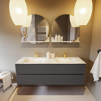 Mondiaz VICA-DLUX ensemble de meuble de salle de bain - 150cm - meuble sous-vasque gris foncé - 2 tiroirs - lavabo encastré cloud double - 2 trous de robinet - version haute de 60cm - glace