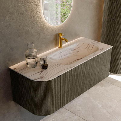 MONDIAZ KURVE-DLUX Meuble de salle de bains 115 cm arrondi à gauche couleur Shadow avec 1 tiroir et 1 porte. Lavabo BIG SMALL à droite 1 trou de robinet Nata.
