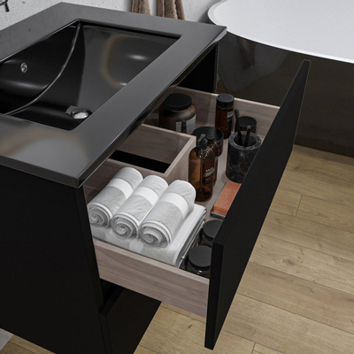 Adema Chaci Ensemble de meuble - 60x46x57cm - 1 vasque en céramique noire - sans trou de robinet - 2 tiroirs - miroir rond avec éclairage - noir mat
