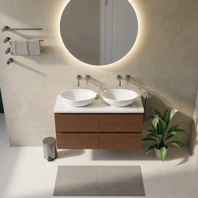 Saniclass Holz Pure Ensemble meuble de salle de bains - 120x45x63cm - Plan vasque en marbre Dia poli (blanc) - sans trou de robinet - 4 tiroirs - walnut pure mat (bois)