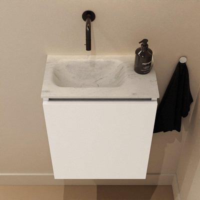 MONDIAZ TURE-DLUX Meuble toilette - 40cm - Talc - EDEN - vasque Opalo - position gauche - sans trou de robinet