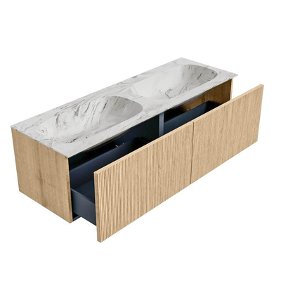 MONDIAZ KURVE-DLUX Meuble de salle de bains 140cm couleur Oak avec 2 tiroirs. Lavabo STOR SMALL double 2 trous de robinet couleur Glace.