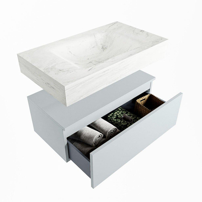 Mondiaz ALAN-DLUX Ensemble de meuble - 80cm - meuble Clay mat - 1 tiroir - Lavabo Cloud Opalo suspendu - vasque Centre - 1 trou de robinet