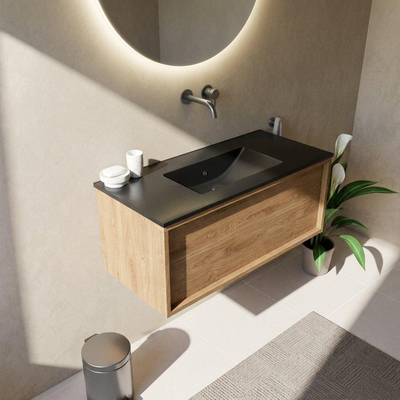 Saniclass Holz Frame Ensemble de meubles de salle de bains - 100x45x42cm - lavabo Vygo en céramique noir - 1 vasque - sans trou de robinet - 1 tiroir - chêne natural mat (bois)