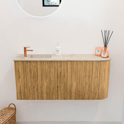 Mondiaz JOYA-DLUX 91.6cm toiletmeubel - ronding rechts kleur Oak - Wastafel FAYE positie Links 1 kraangat kleur Frappe.