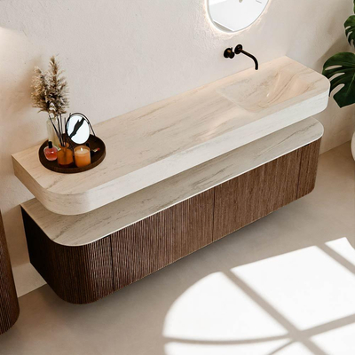 MONDIAZ THOR-DLUX Meuble de salle de bains - 180cm - arrondi gauche + droite - couleur Walnut - 2 tiroirs et 2 portes - Vasque suspendue CLOUD droite sans trou de robinet - couleur Meli