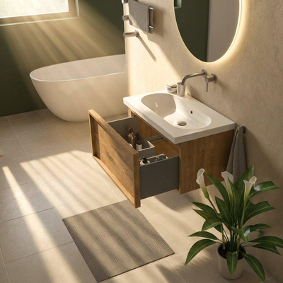 Saniclass Holz Frame Ensemble de meuble de salle de bains - 80x45x43.5cm - lavabo Palermo en céramique blanc - 1 vasque - sans trou de robinetterie - 1 tiroir - chêne natural mat (bois)