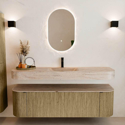 MONDIAZ THOR-DLUX 160cm meuble de salle de bains arrondi gauche + droite couleur Dusk avec 1 tiroir et 2 portes. Vasque suspendue CLOUD Milieu 1 trou de robinet couleur Saba.