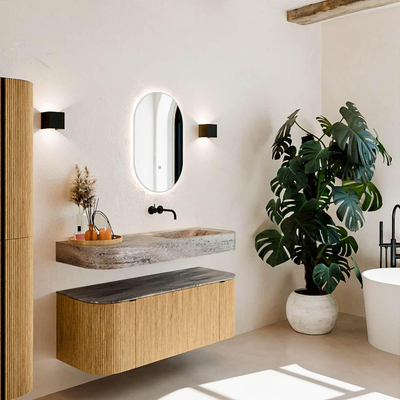 MONDIAZ THOR-DLUX 120cm meuble de salle de bains arrondi gauche + droite couleur Oak avec 1 tiroir et 2 portes. Vasque suspendue CLOUD Droite sans trou de robinet couleur Oza.