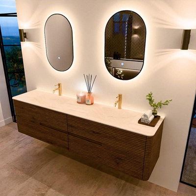 Mondiaz CIRO-DLUX Badkamermeubelset - 190x45x50cm - Solid surface wastafel Meli - 2 wasbak Dubbel - 2 kraangaten - 4 lades - Dusk