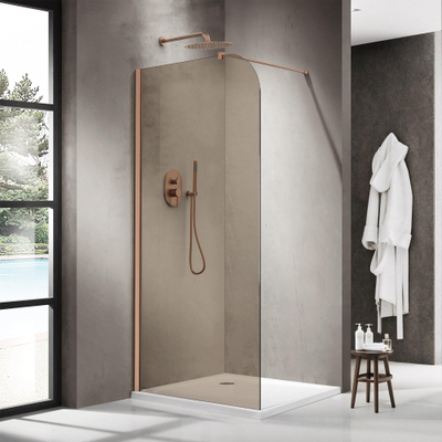 Fortifura Galeria Paroi de douche à l'italienne - 120x200cm - paroi en verre arrondie - verre fumé - barre de fixation murale - cuivre brossé PVD