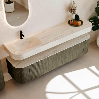 MONDIAZ THOR-DLUX Meuble de salle de bains 190cm arrondi gauche + droite couleur Shadow avec 2 tiroirs et 2 portes. Vasque suspendue CLOUD Gauche 1 trou de robinet couleur Meli.