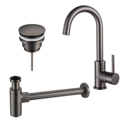 Fortifura Calvi Wastafelkraanset - hoge wastafelkraan - draaibare - uitloop - klikwaste plug - design - sifon - PVD - geborsteld gunmetal (antraciet)