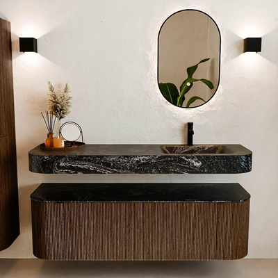 MONDIAZ THOR-DLUX 150cm badmeubel ronding links + rechts kleur Walnut met 1 lade en 2 deuren. Vrijhangende wastafel CLOUD Rechts 1 kraangat kleur Lava.