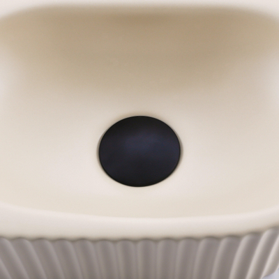QeramiQ Fuente Ensemble de Lavabo - 40x21.5x12cm - strié - demi-rond - sans trou pour robinet - céramique - ensemble de robinet noir mat - bouchon de vidange - siphon abaissé - beige