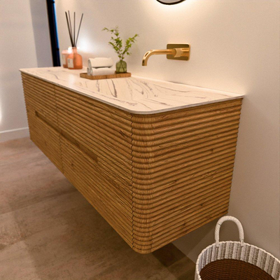 Mondiaz CIRO-DLUX Badkamermeubelset - 150x45x50cm - Solid surface wastafel Nata - 1 wasbak Rechts - zonder kraangaten - 4 lades - Oak