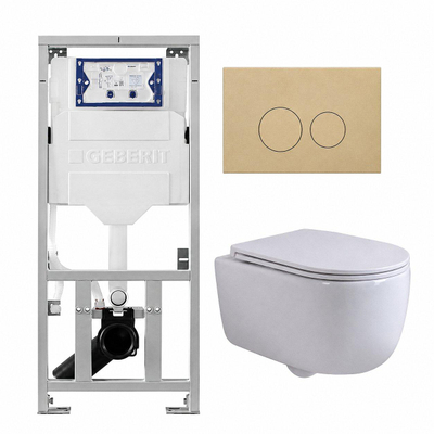 QeramiQ Dely Swirl Ensemble WC - 36.3x51.7cm - réservoir encastré Geberit UP320 - avec cadre Burda - abattant slim - plaque de commande beige - boutons ronds - blanc brillant