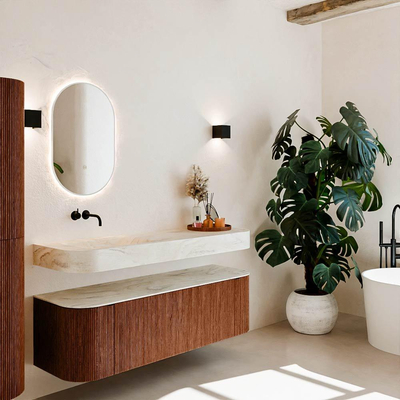 MONDIAZ THOR-DLUX 150cm meuble de salle de bains arrondi gauche + droite couleur Ruby avec 1 tiroir et 2 portes. Vasque suspendue CLOUD Gauche sans trou de robinet couleur Ostra.