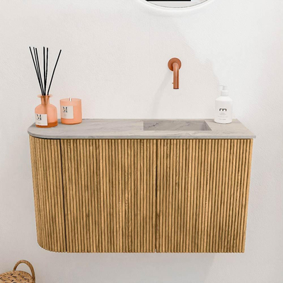 Mondiaz JOYA-DLUX 71.6cm toiletmeubel - ronding links kleur Oak - Wastafel FAYE positie Rechts Zonder kraangat kleur Glace.