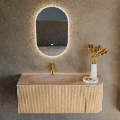 MONDIAZ KURVE-DLUX Meuble de salle de bains 115cm arrondi Droite couleur Chêne avec 1 tiroir et 1 porte. Lavabo BIG SMALL Gauche 1 trou de robinet Saba.