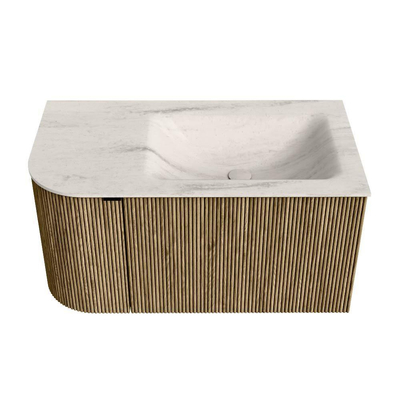 MONDIAZ KURVE-DLUX Meuble de salle de bains 85cm arrondi gauche couleur Dusk avec 1 tiroir et 1 porte. Lavabo CLOUD droit sans trou de robinet Meli.