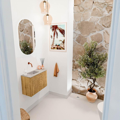 Mondiaz JOYA-DLUX 61.6cm toiletmeubel - ronding rechts kleur Oak - Wastafel FAYE positie Links Zonder kraangat kleur Glace.