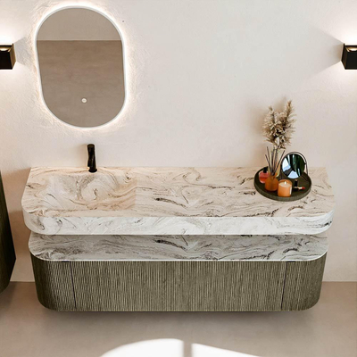 MONDIAZ THOR-DLUX Meuble de salle de bains 170cm arrondi gauche + droite couleur Shadow avec 1 tiroir et 2 portes. Vasque suspendue CLOUD Gauche 1 trou de robinet couleur Glace.