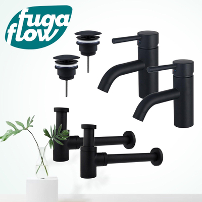 FugaFlow Eccelente Sobrado Badkamer Wastafelkraanset - voor dubbele wastafel - lage wastafelkraan - always open plug - verlaagde design sifon - Mat zwart
