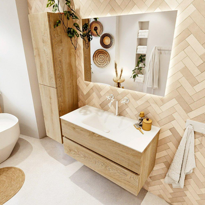 MONDIAZ VICA 100cm badmeubel onderkast Washed Oak 2 lades. Wastafel CLOUD midden 1 kraangat, kleur Talc.
