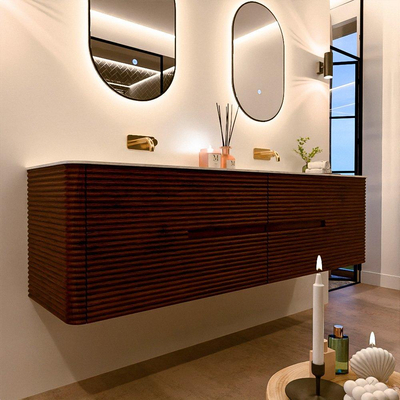 Mondiaz CIRO-DLUX Meuble de salle de bains - 180x45x50cm - Plan vasque Solid surface Opalo - 2 vasques Double - sans perçage pour robinet - 4 tiroirs - Ruby