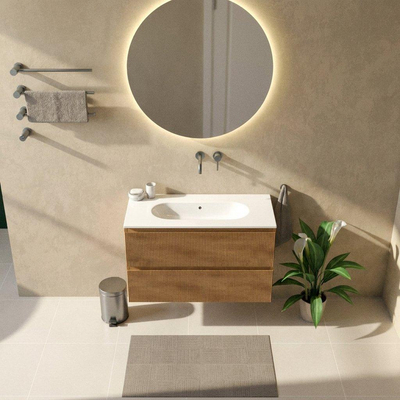 Saniclass Holz Atelier Ensemble de meubles de salle de bains - 100x45x73.9cm - lavabo Chaci en céramique blanc - 1 vasque - sans trou de robinetterie - 2 tiroirs - chêne natural mat (bois)