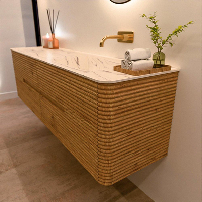 Mondiaz CIRO-DLUX Badkamermeubelset - 170x45x50cm - Solid surface wastafel Nata - 1 wasbak Rechts - zonder kraangaten - 4 lades - Oak