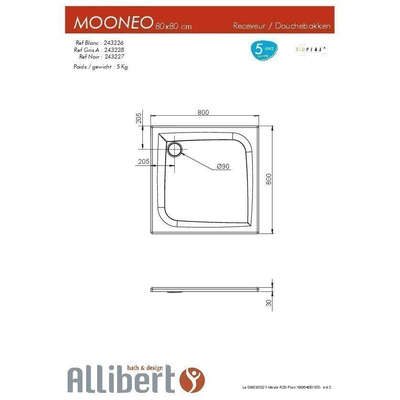 Allibert Mooneo Receveur de douche 80x80cm Blanc