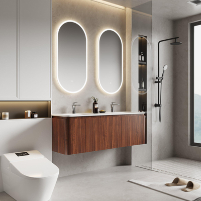 Saniclass Terra Meuble sous lavabo - 140cm - 4 tiroirs - lavabo solid surface - 2 vasques - 2 trous de robinet - coins arrondis - châtaignier (noyer)