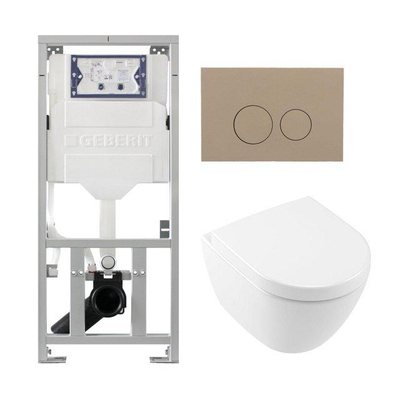 Villeroy & Boch Subway 2.0 Compact DirectFlush Toiletset - Geberit reservoir - softclose - quickrelease - bedieningsplaat taupe - ronde knoppen - wit